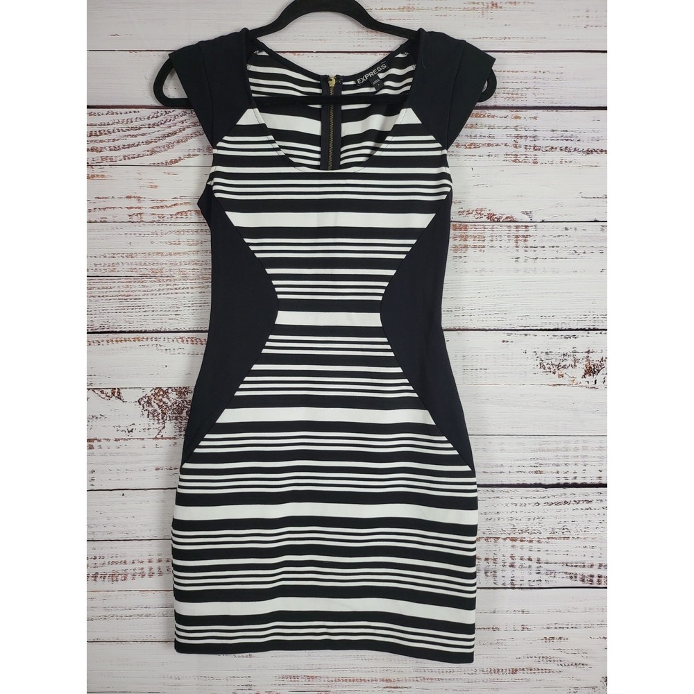 Express Slimming Mini Dress 2 Womens Black White Striped Cap Sleeve Back Zip
